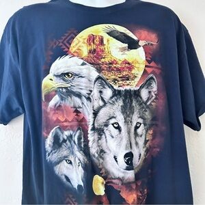VINTAGE 90s Wolf Eagle Moon Southwest Monument Valley T Shirt Navy Mens Size XL